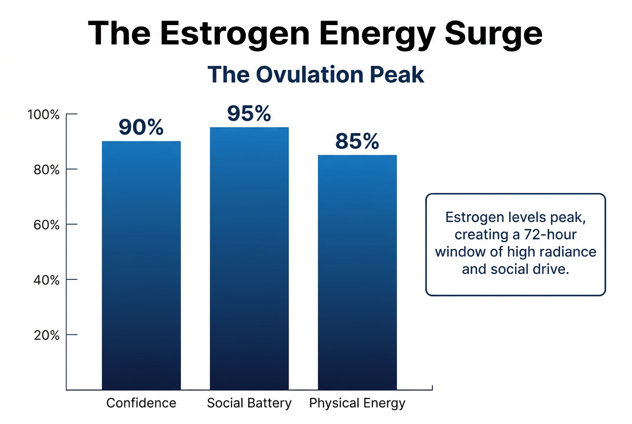 A bar chart visualizing the surge in confidence, social battery, and physical energy during a woman’s estrogen peak in the ovulation phase.