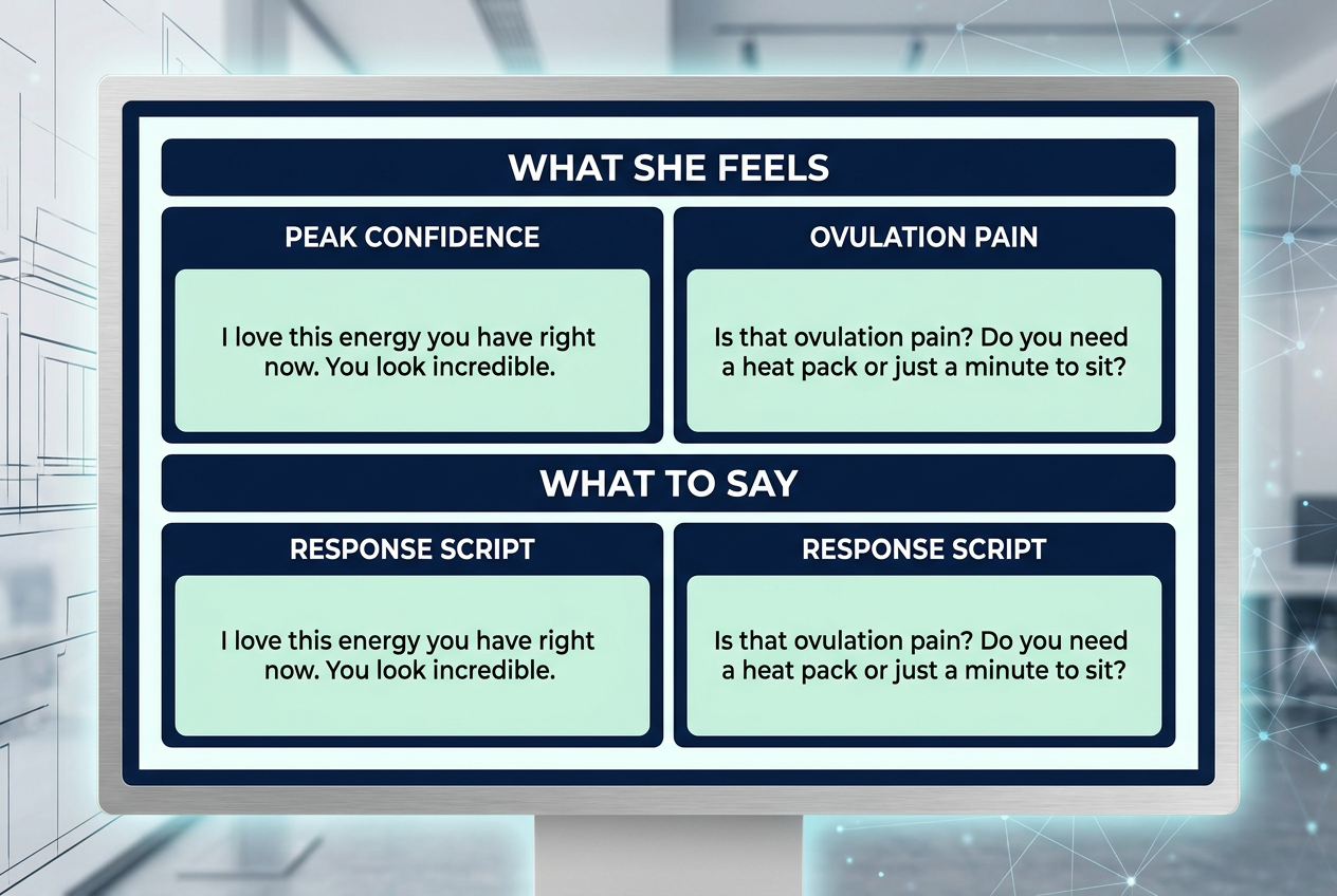 A communication matrix providing specific scripts for partners to use when their girlfriend experiences high energy or ovulation pain.