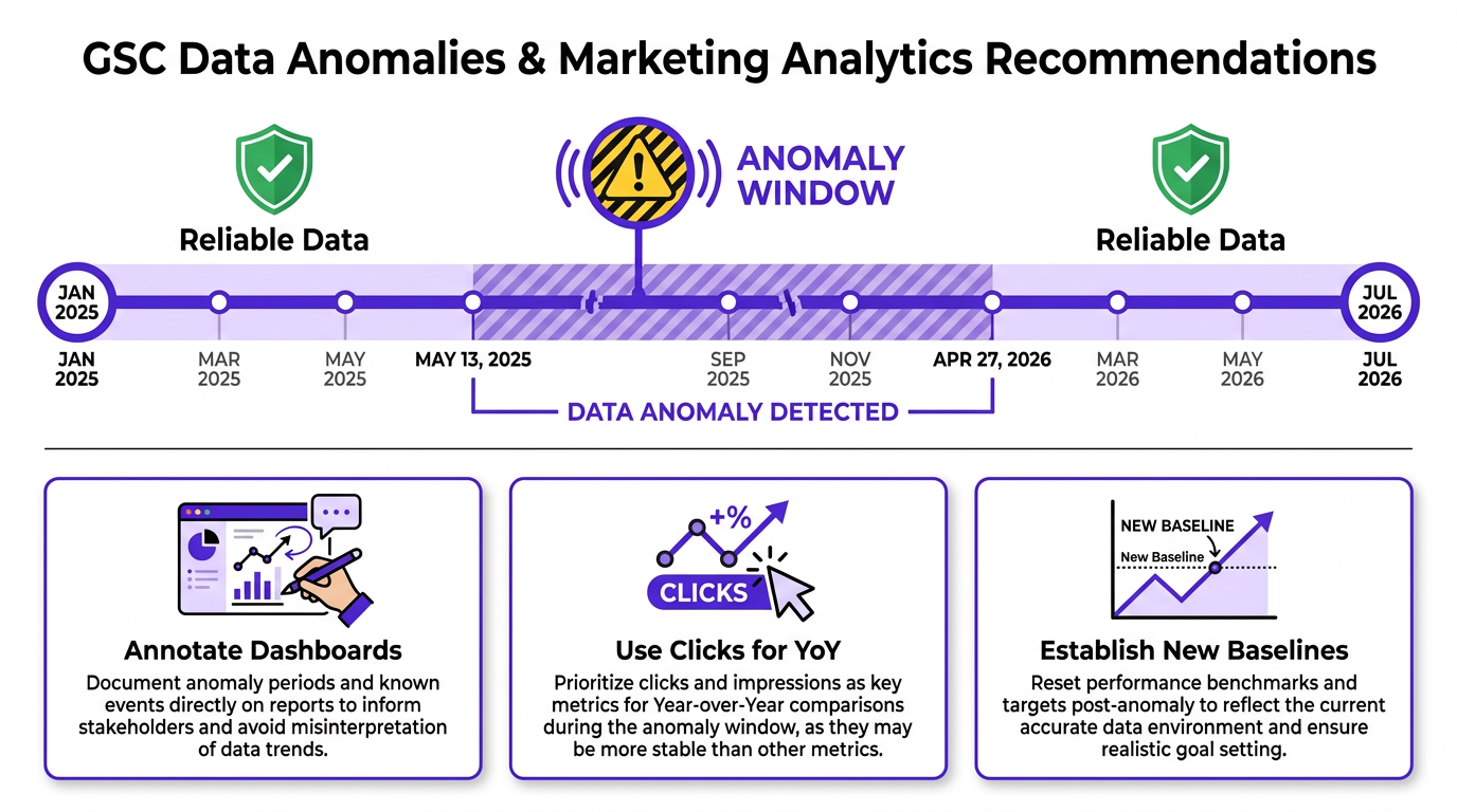Timeline infographic showing GSC data anomaly period and reporting recommendations for 2026