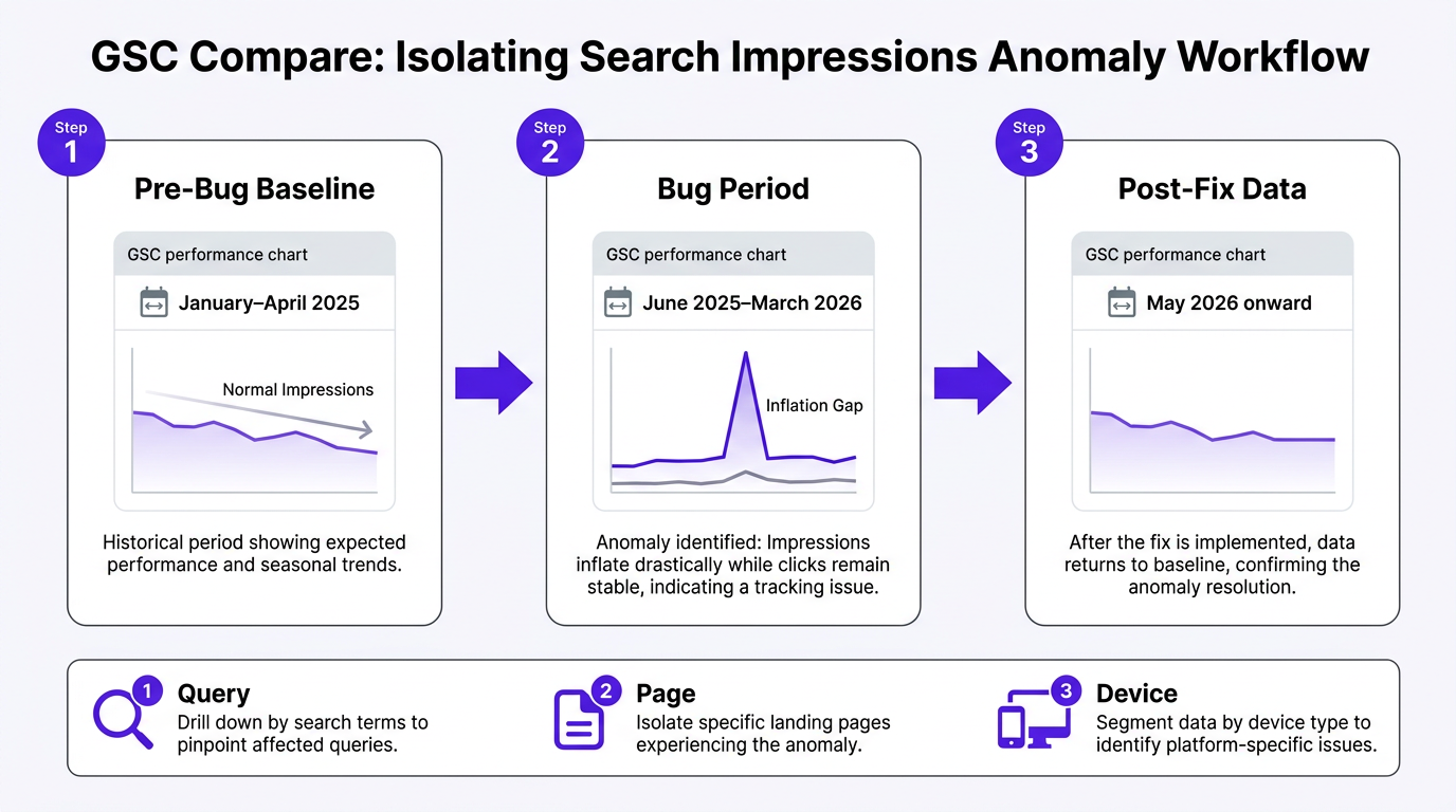 Step-by-step diagram for isolating GSC impressions anomaly using Compare feature
