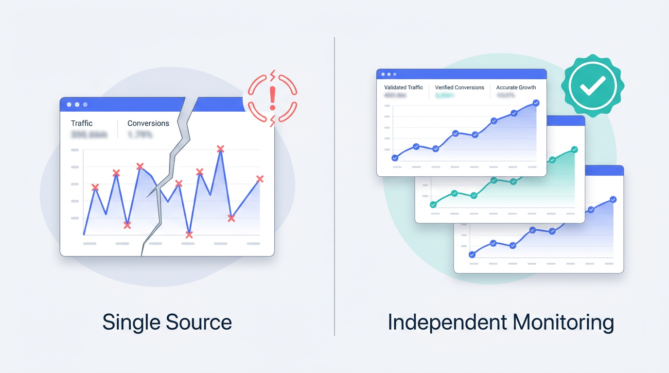 Illustration comparing single-source GSC data risk versus independent visibility monitoring