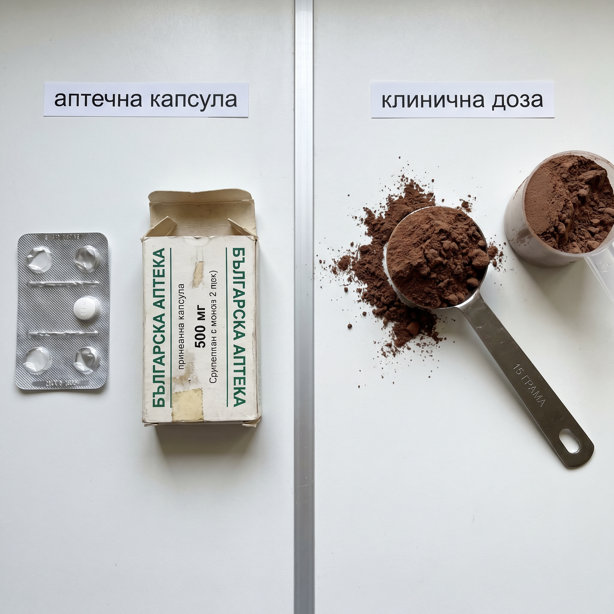 Аптечна капсула 500мг срещу клинична доза 15 грама колаген