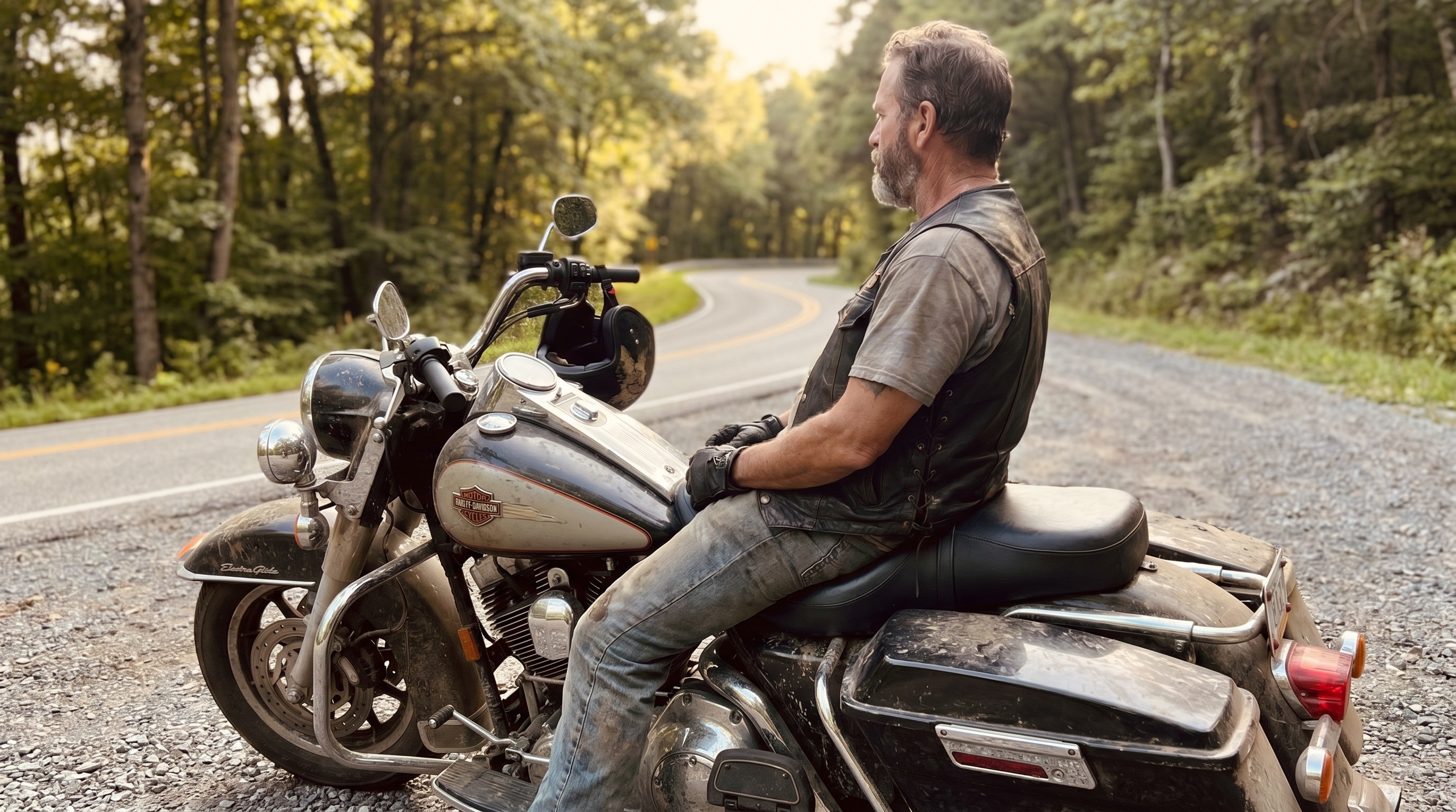 Bearded touring rider comfortably seated on his Harley Electra Glide on a shaded mountain road at golden hour