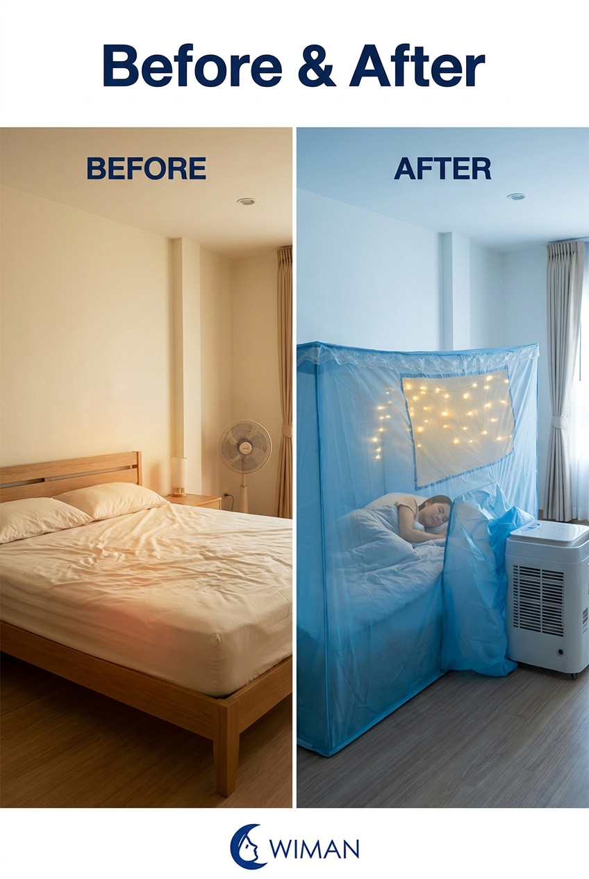 ชุดคอมโบวิมานแอร์เคลื่อนที่ 9000 BTU และมุ้งแอร์สีฟ้า