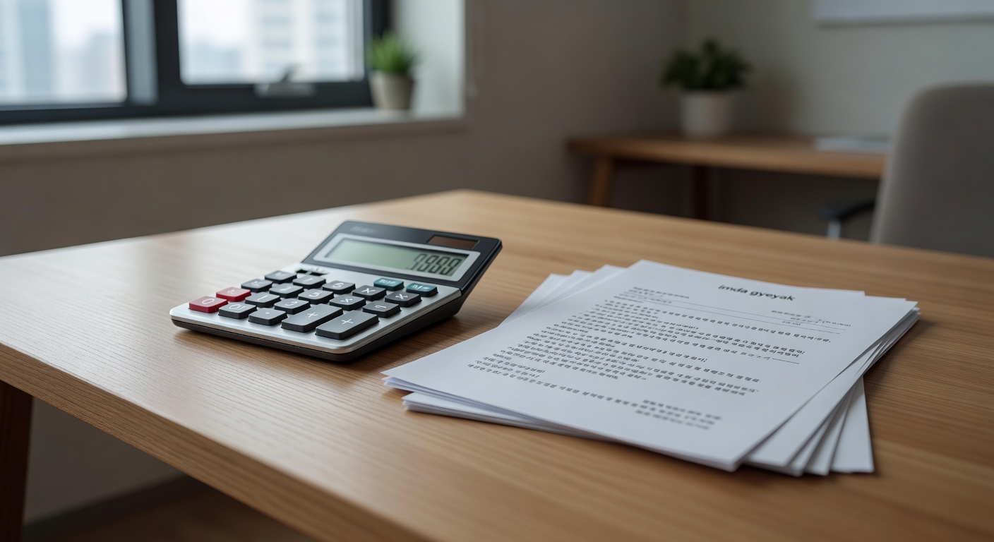 calculator and rental contract documents on a wooden desk