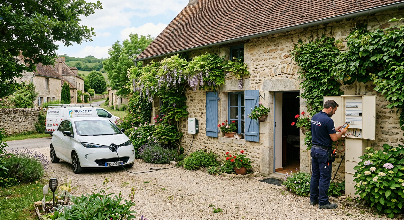 Maison ancienne avec borne de recharge électrique IRVE extérieure et installateur vérifiant tableau électrique dans un cadre résidentiel vert