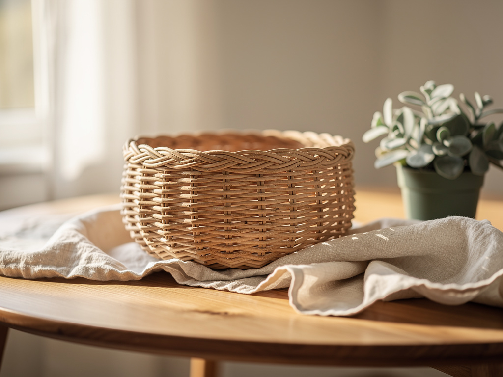 Handwoven rattan basket in a sunlit room