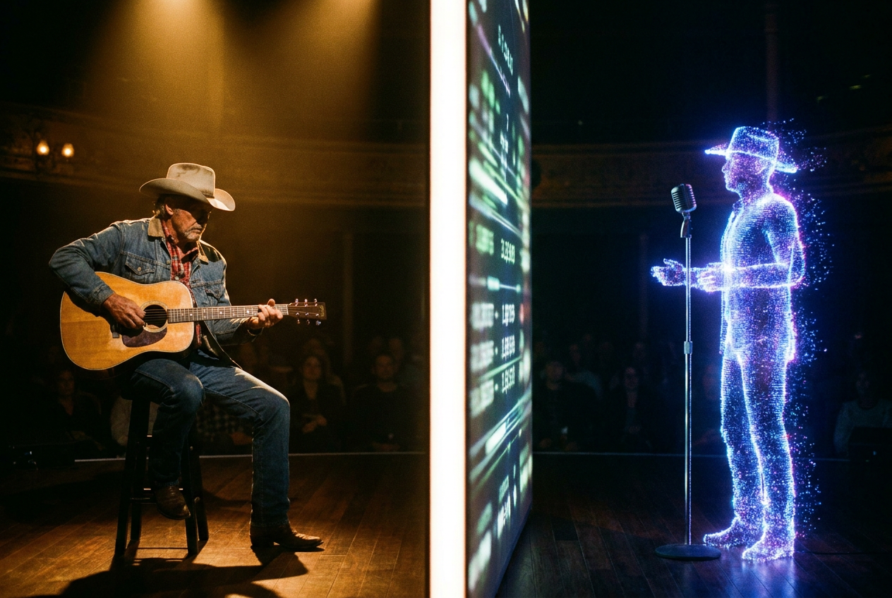 alt text for accessibility: A split screen showing a human country musician performing on stage on one side and a glowing digital AI avatar on the other, with a Billboard-style chart between them