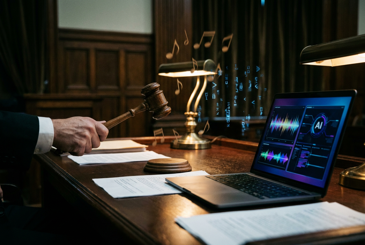 alt text for accessibility: A gavel striking next to a laptop displaying AI-generated music waveforms, representing the legal battles over AI music