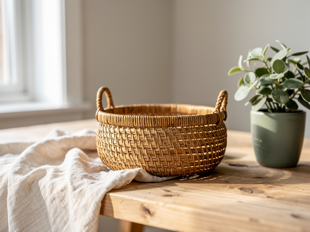 Handwoven rattan basket in a sunlit room