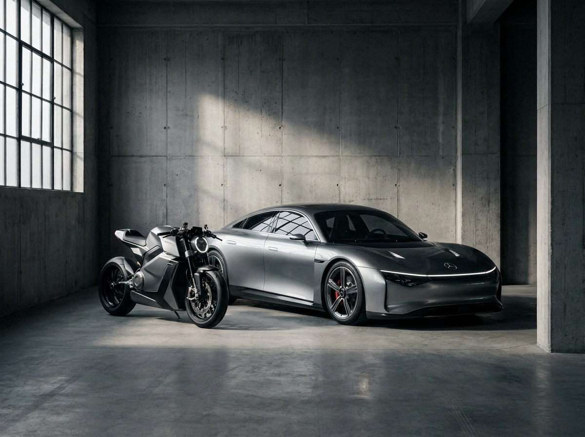 Voiture électrique futuriste et moto dans un décor épuré