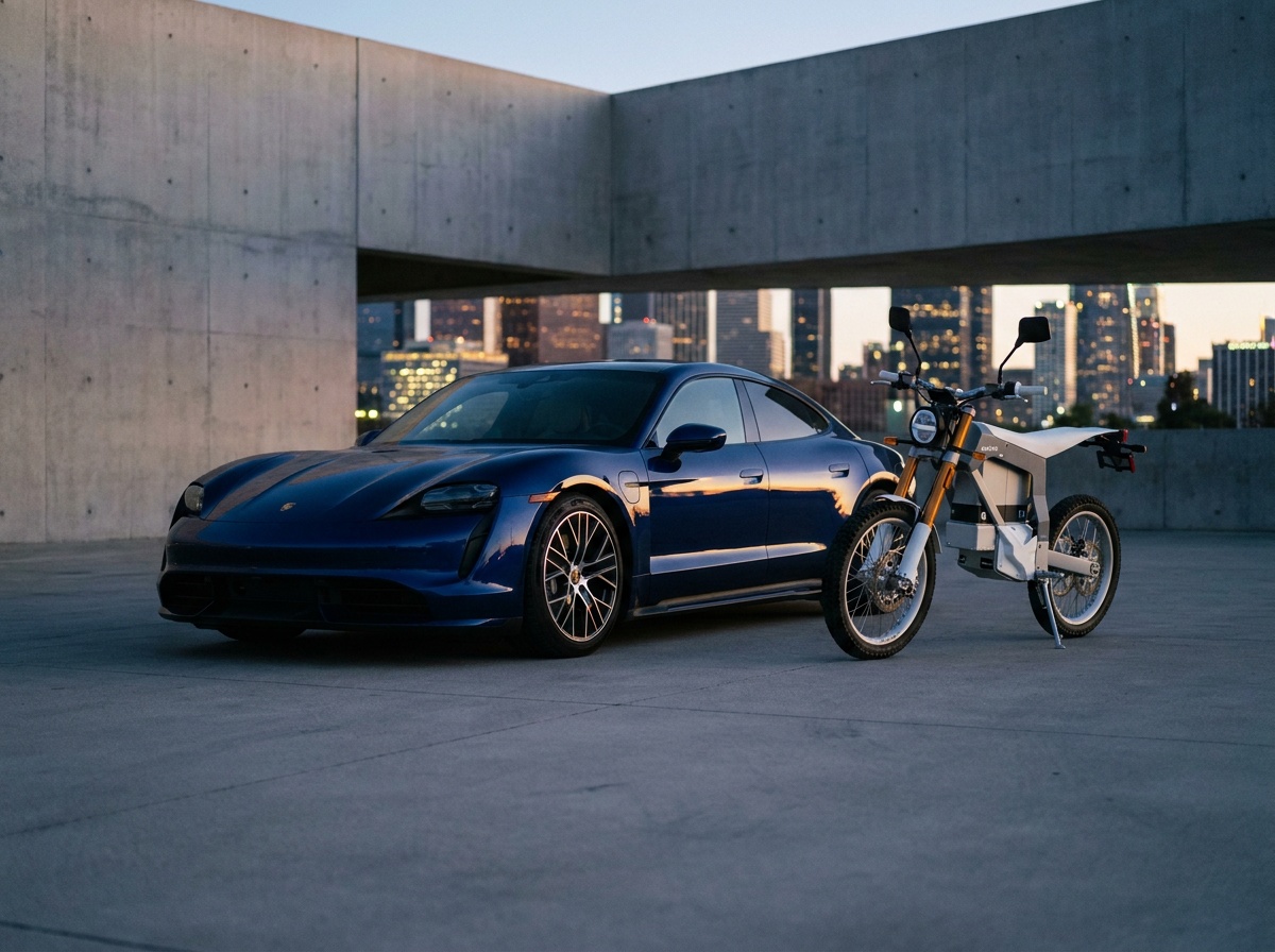 Voiture et moto modernes dans un environnement urbain stylisé