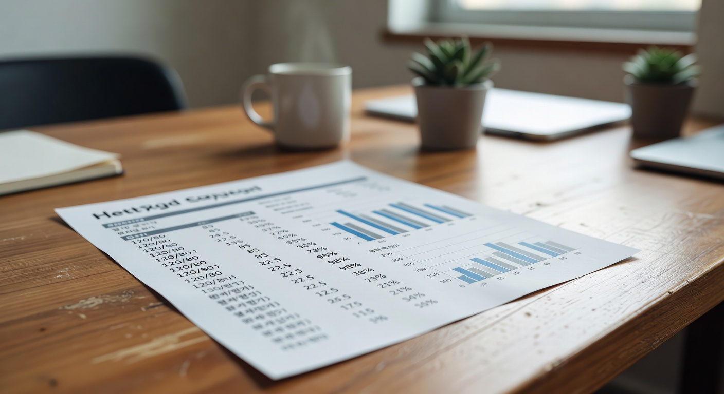 health checkup result paper with numbers and chart on a wooden desk