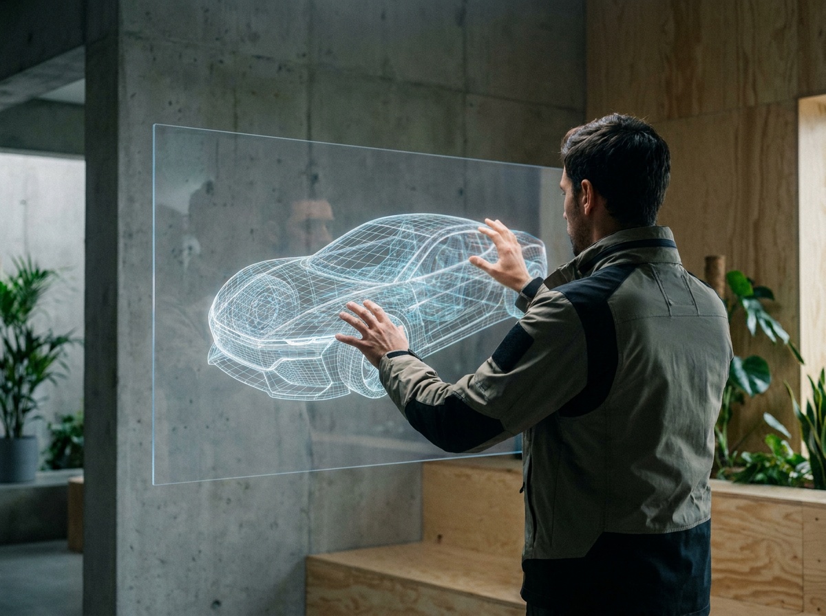Ingénieur travaillant sur un modèle 3D de voiture sur un écran holographique