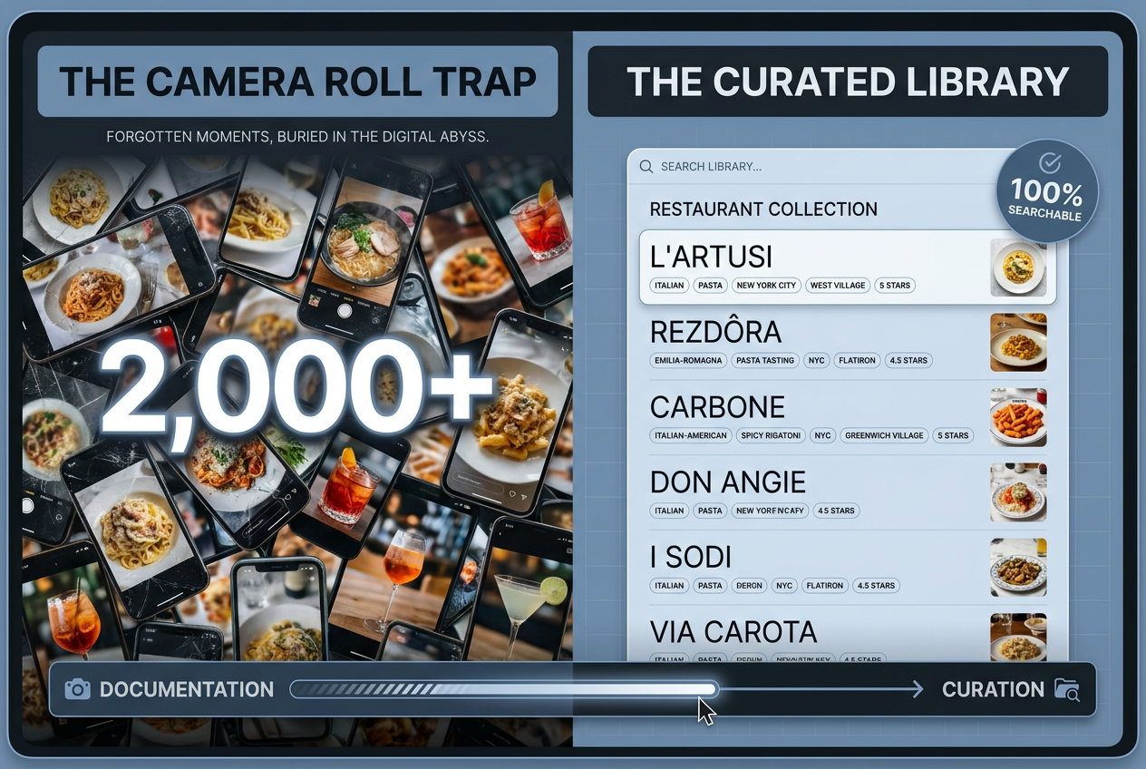 Comparison between a messy smartphone camera roll and a structured digital restaurant library for serious foodies to track their dining experiences.
