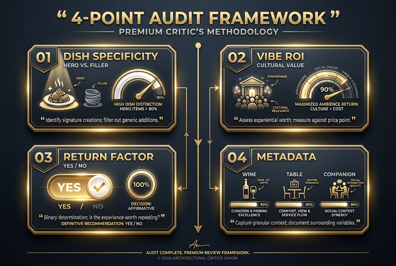 Four-step infographic explaining a professional restaurant audit framework focusing on dish specificity, vibe ROI, return factor, and metadata.
