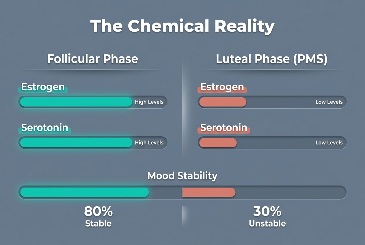 Infographic showing the decline of estrogen and serotonin levels between the follicular phase and the luteal phase during a menstrual cycle.