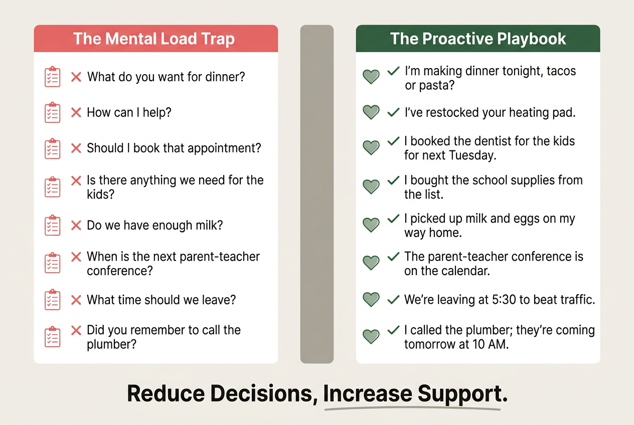 Comparison chart showing the difference between asking a partner what they need versus taking proactive action to reduce their mental load.