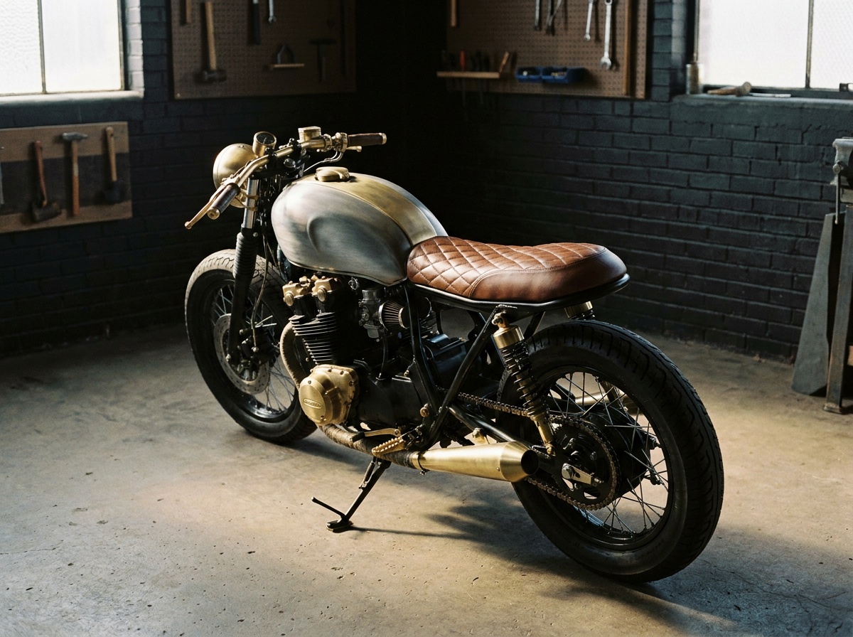 Moto custom type café racer dans un atelier