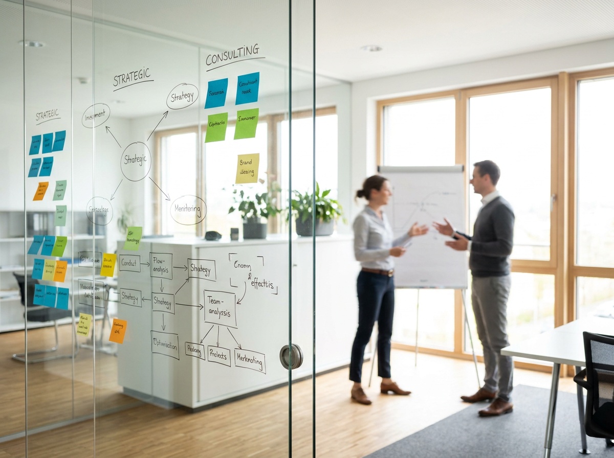 Bureau moderne avec un mur en verre couvert de diagrammes stratégiques
