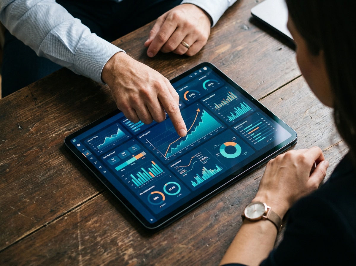 Deux professionnels analysant des graphiques de croissance sur une tablette
