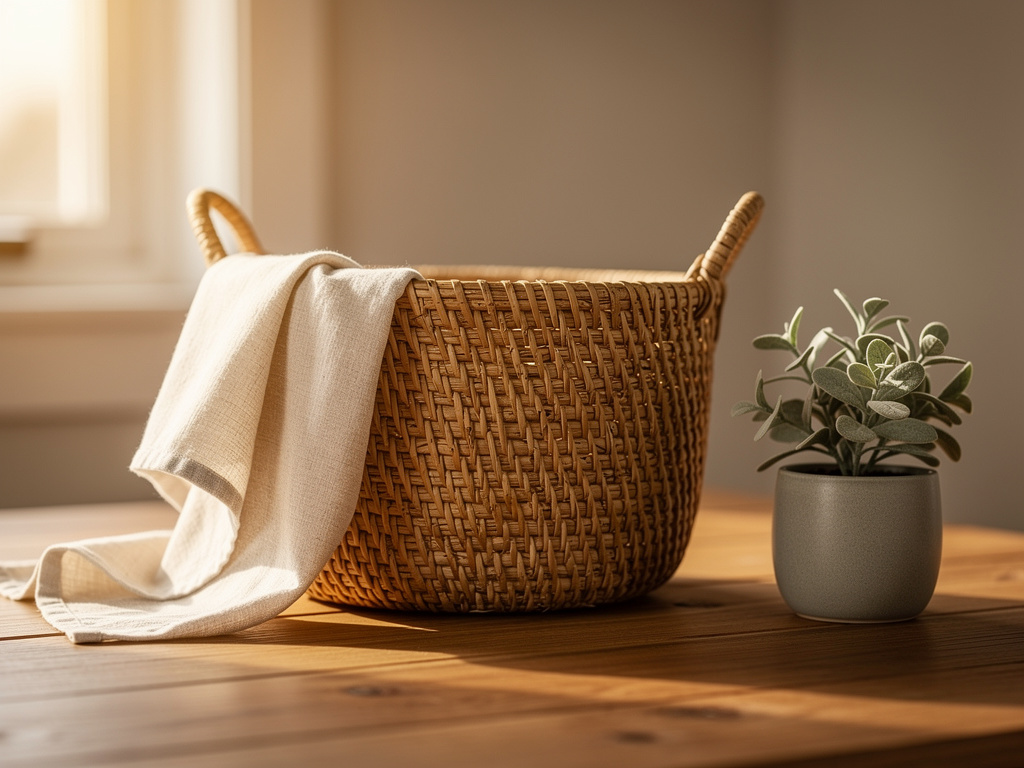 Handwoven rattan basket in a sunlit room