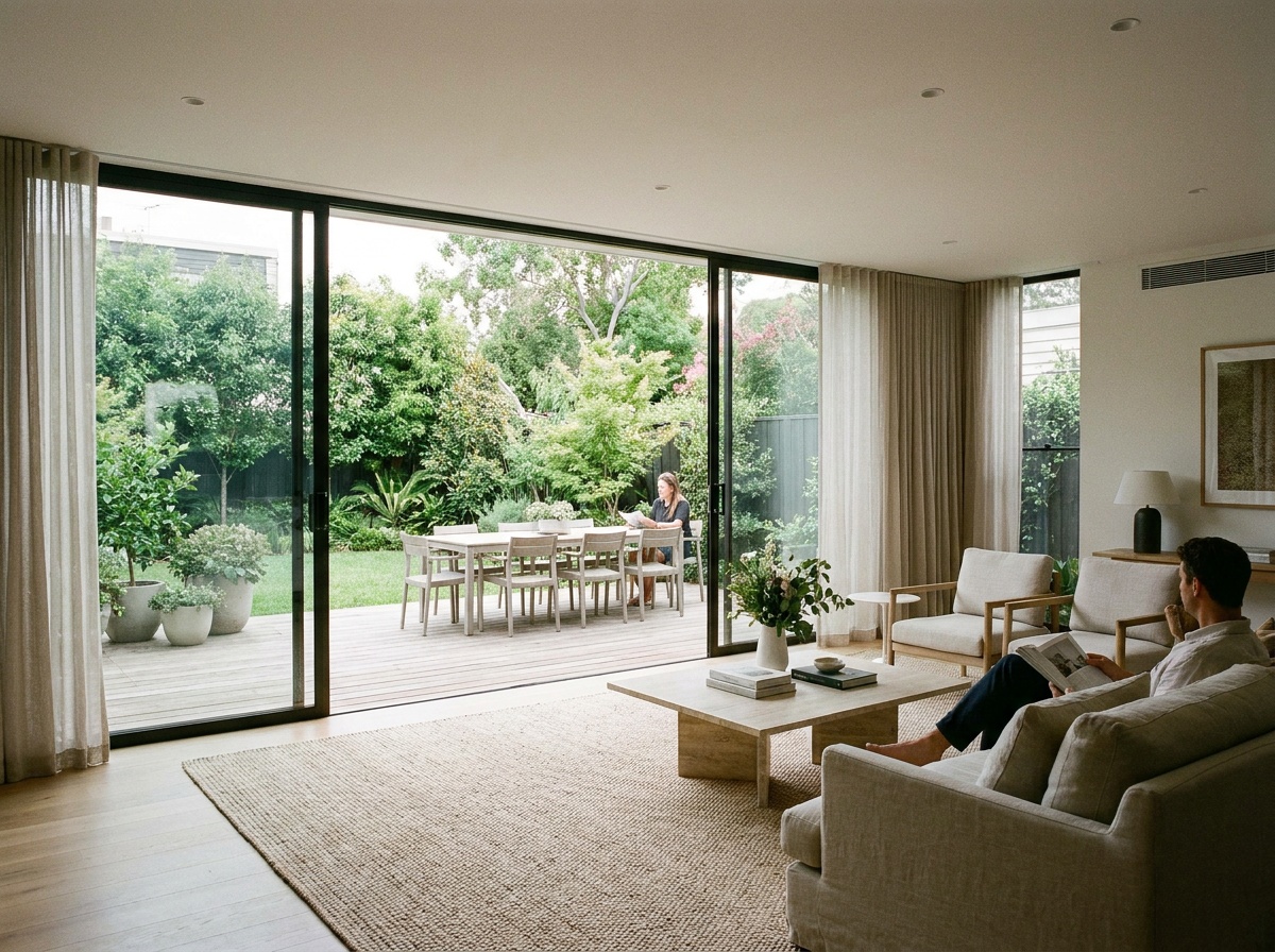 Salon design avec vue sur un jardin, symbolisant le projet de vie