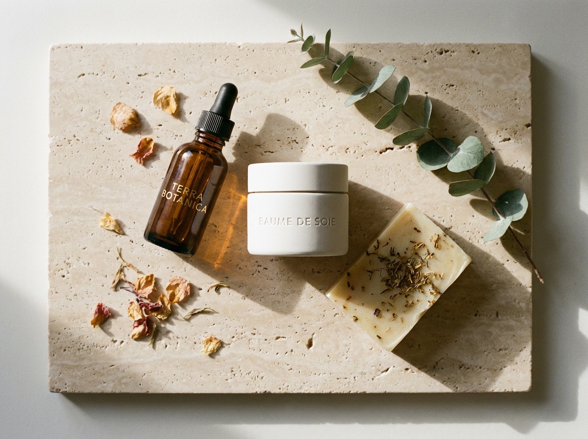 Composition de produits cosmétiques naturels sur une surface en travertin
