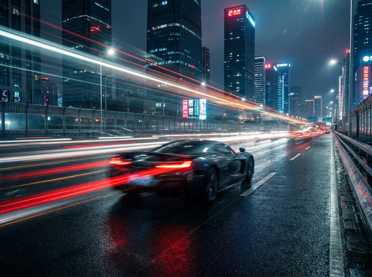 Voiture et moto en mouvement rapide