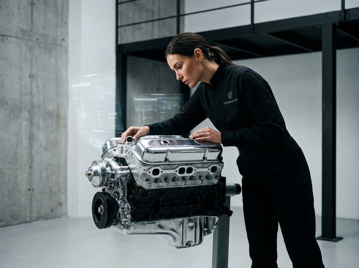 Un ingénieur travaillant sur un moteur de voiture de sport dans un atelier high-tech et épuré