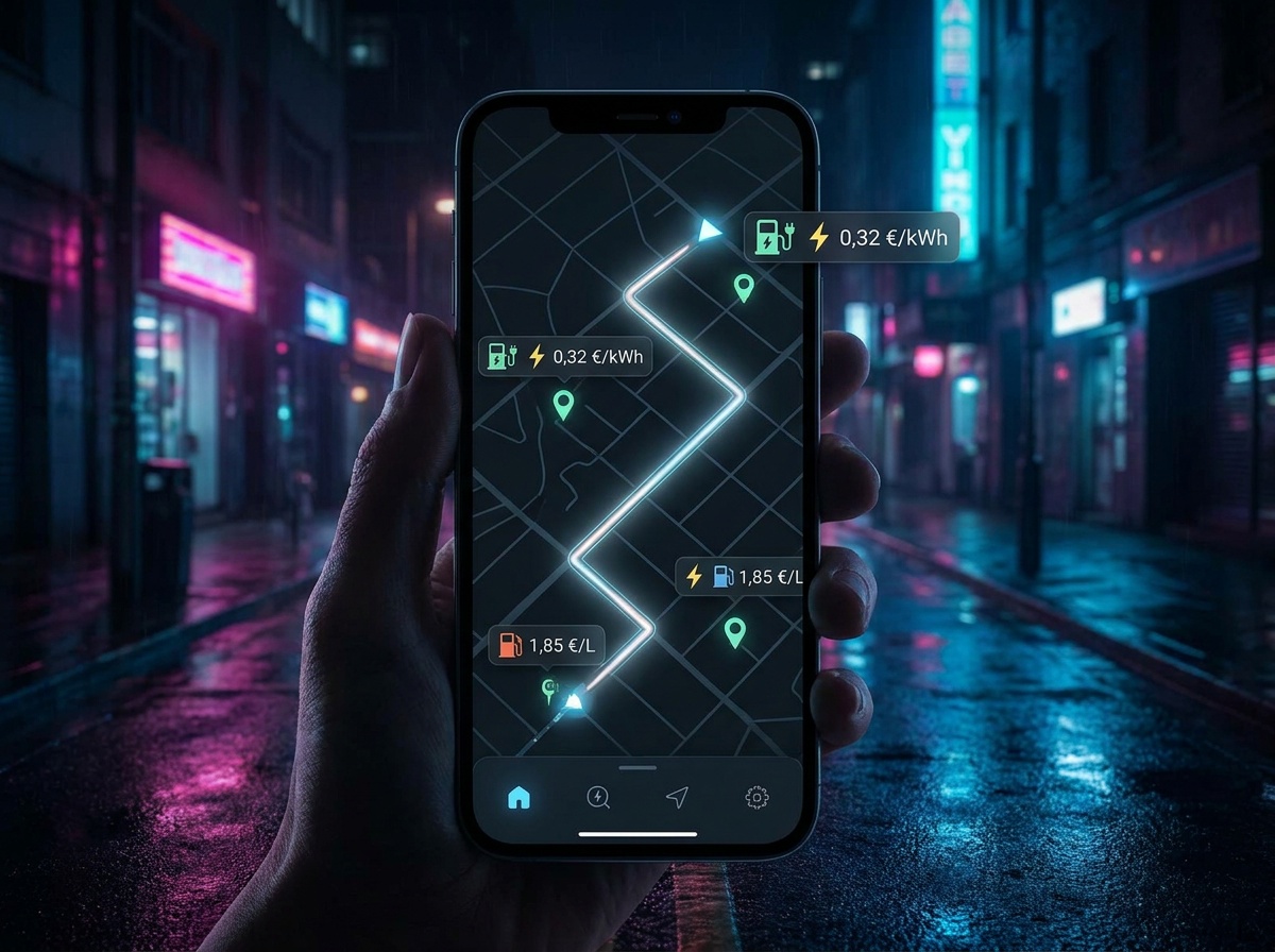 Interface de navigation GPS affichant des options de trajet et des stations-service.