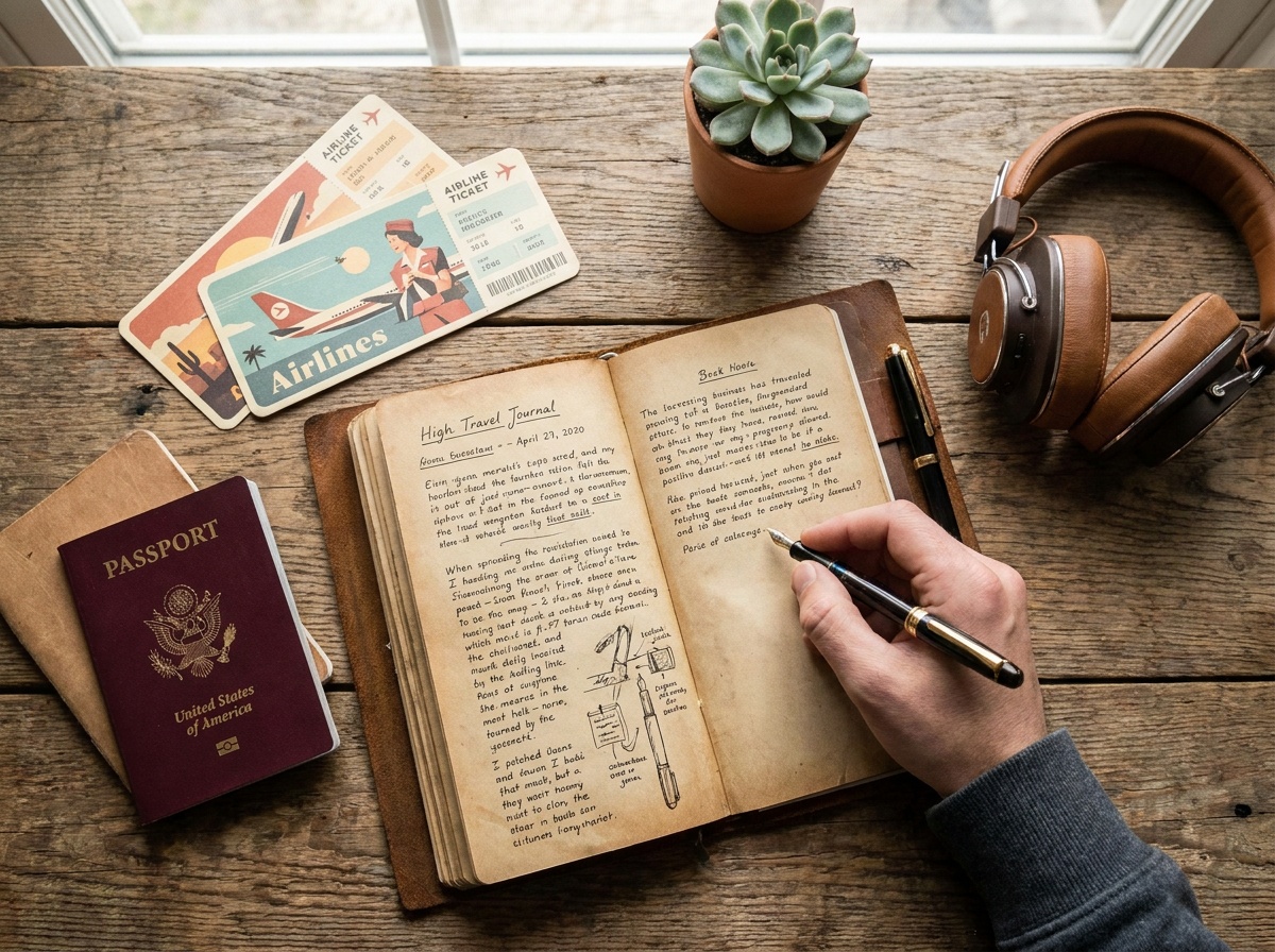 Personne écrivant dans un carnet de voyage avec une carte et une boussole