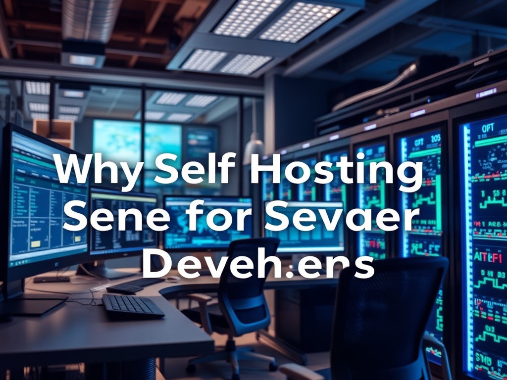 Illustration of developers setting up a personal server for self-hosting websites and applications.