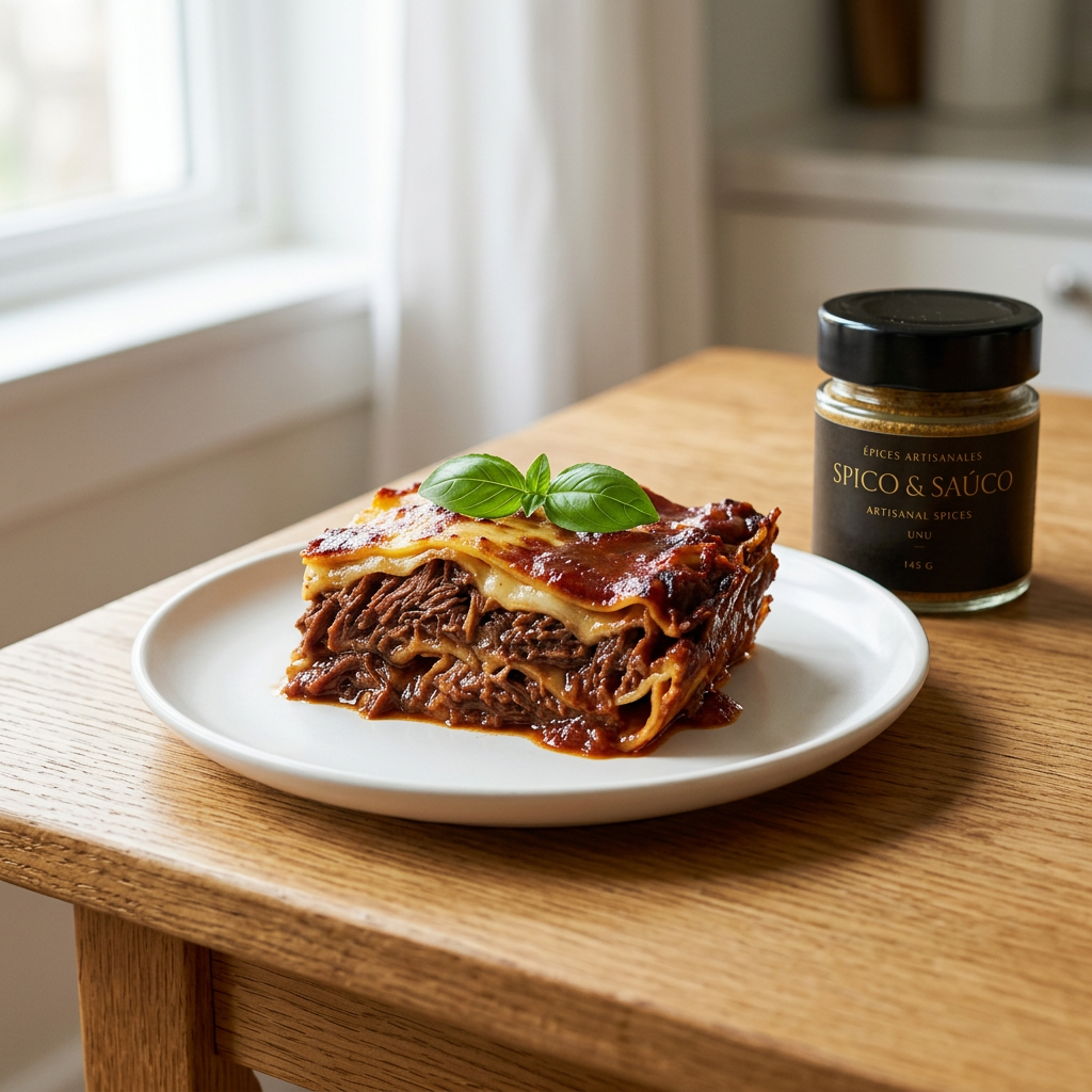 Short rib lasagna with UNU seasoning on a white plate