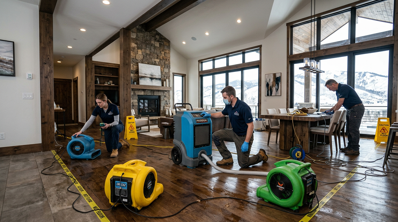 Interior restoration crew using commercial drying equipment in a modern mountain residence, dehumidifiers and air movers p...