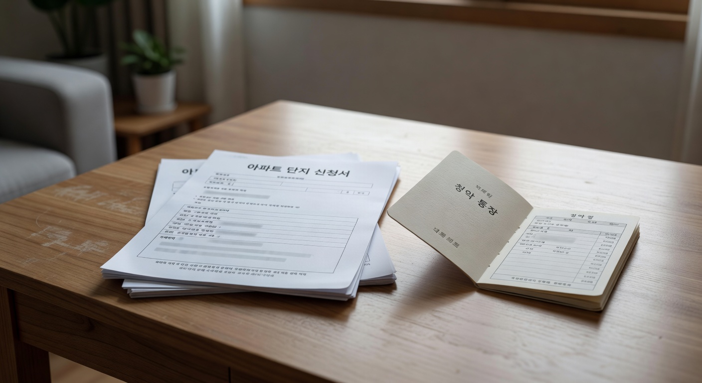 apartment complex application documents and a청약 통장 passbook on a wooden desk