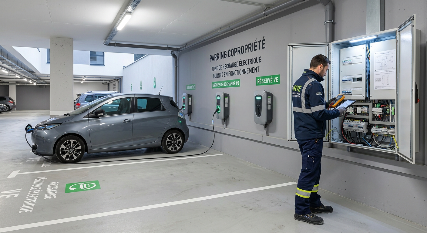 Parking d'une copropriété avec plusieurs bornes de recharge électrique en fonctionnement et un installateur IRVE vérifiant le tableau électrique mural