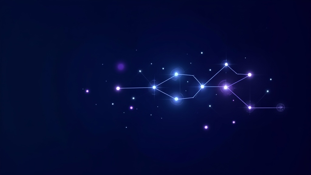 Abstract tech illustration in dark navy gradients. A branching tree or decision-path diagram in glowing cyan and violet