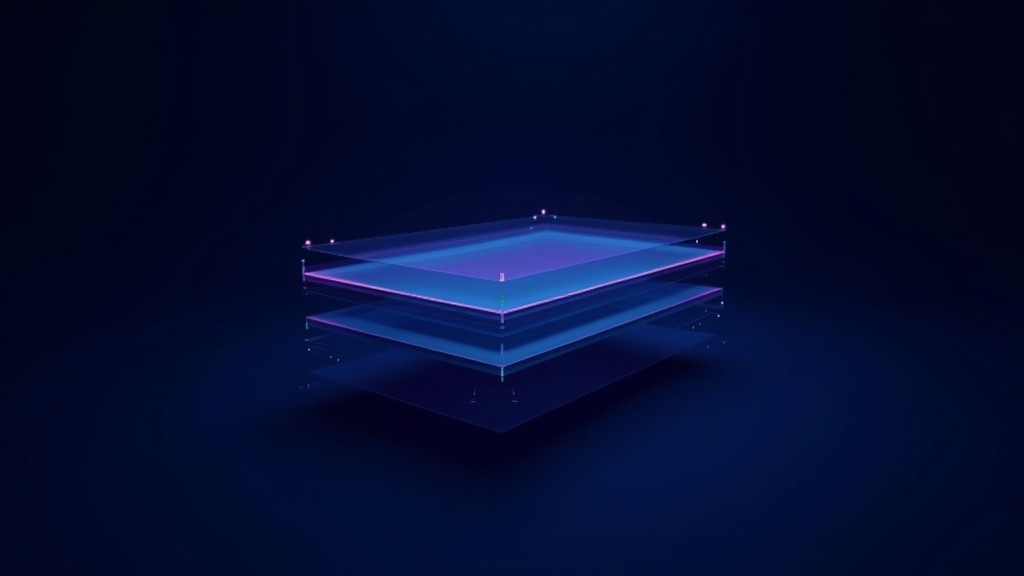 Dark navy editorial background with a three-dimensional layered table or grid structure emerging in translucent cyan and