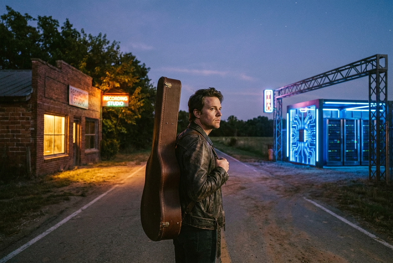 alt text: An independent musician standing at a crossroads between traditional and AI music paths