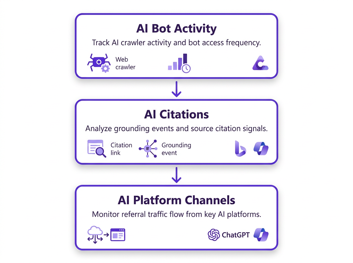 Three-layer Microsoft Clarity AI Visibility Suite showing bot activity, AI citations, and AI platform referral traffic.