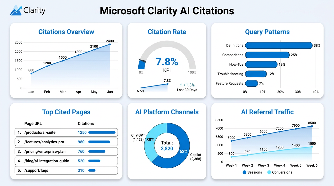Six Microsoft Clarity AI Citations metric views including citation overview, citation rate, top cited pages, topics, platform channels, and referral traffic.