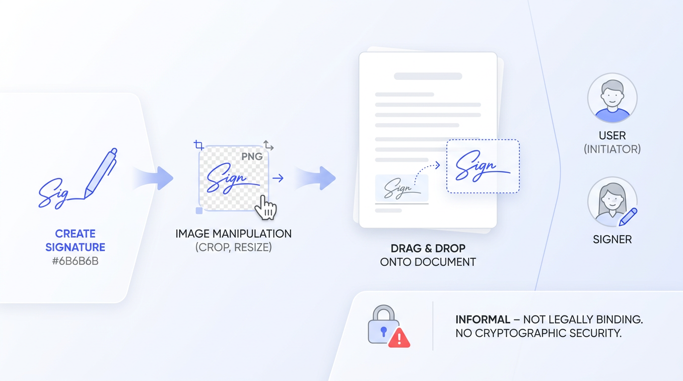 Sequential illustration of an informal digital signing process on a clean UI, featuring a pen icon, signature image, and user avatars.