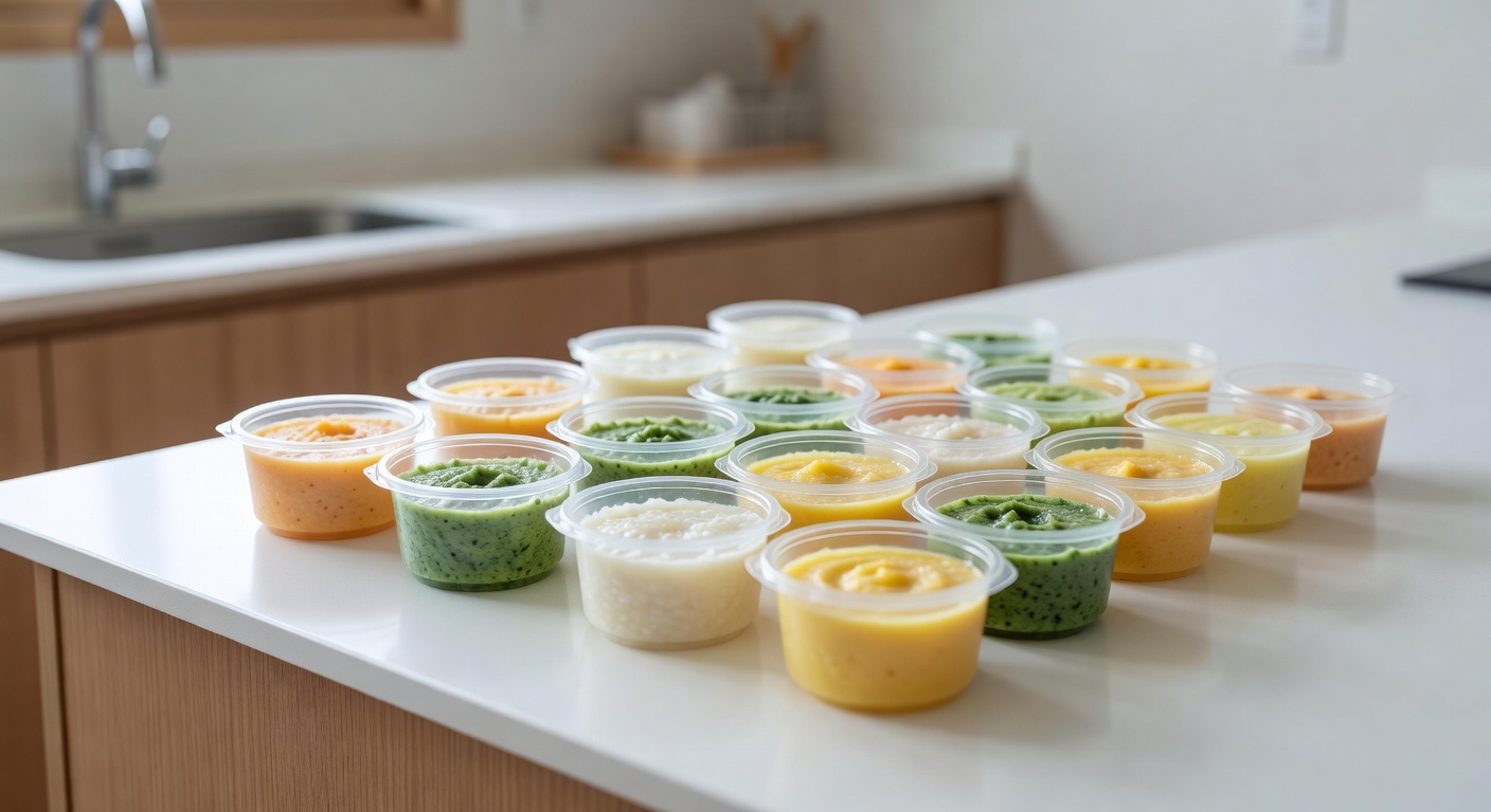 variety of pureed baby food in small containers arranged on a white kitchen counter