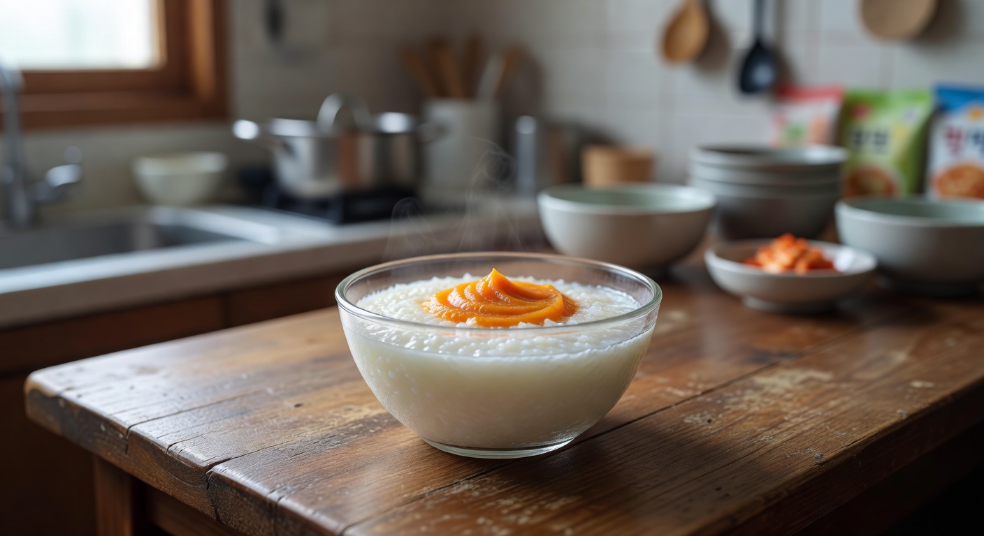 small glass bowl with smooth rice porridge and vegetable puree on a wooden kitchen table