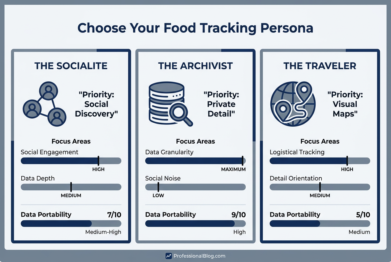 An infographic showing three foodie archetypes: The Socialite (social focus), The Archivist (private data), and The Traveler (map-based tracking).