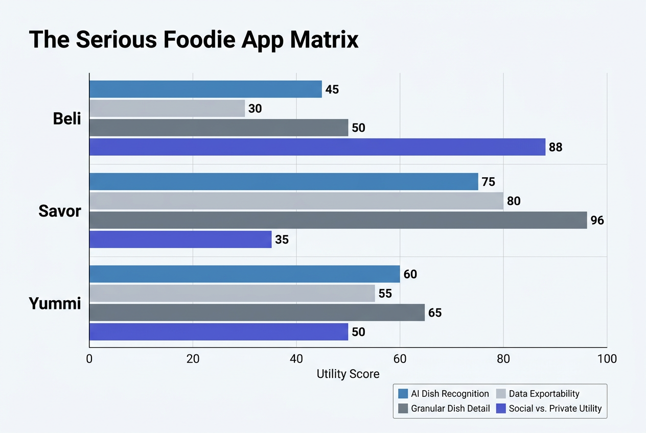A grouped bar chart comparing Beli, Savor, and Yummi based on AI recognition, data exportability, and dish-level detail metrics.
