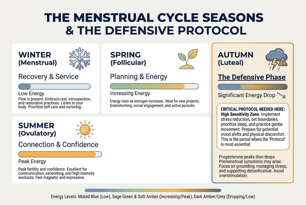 Infographic showing the four phases of the menstrual cycle as seasons: Winter, Spring, Summer, and Autumn, with specific relationship focus for each.
