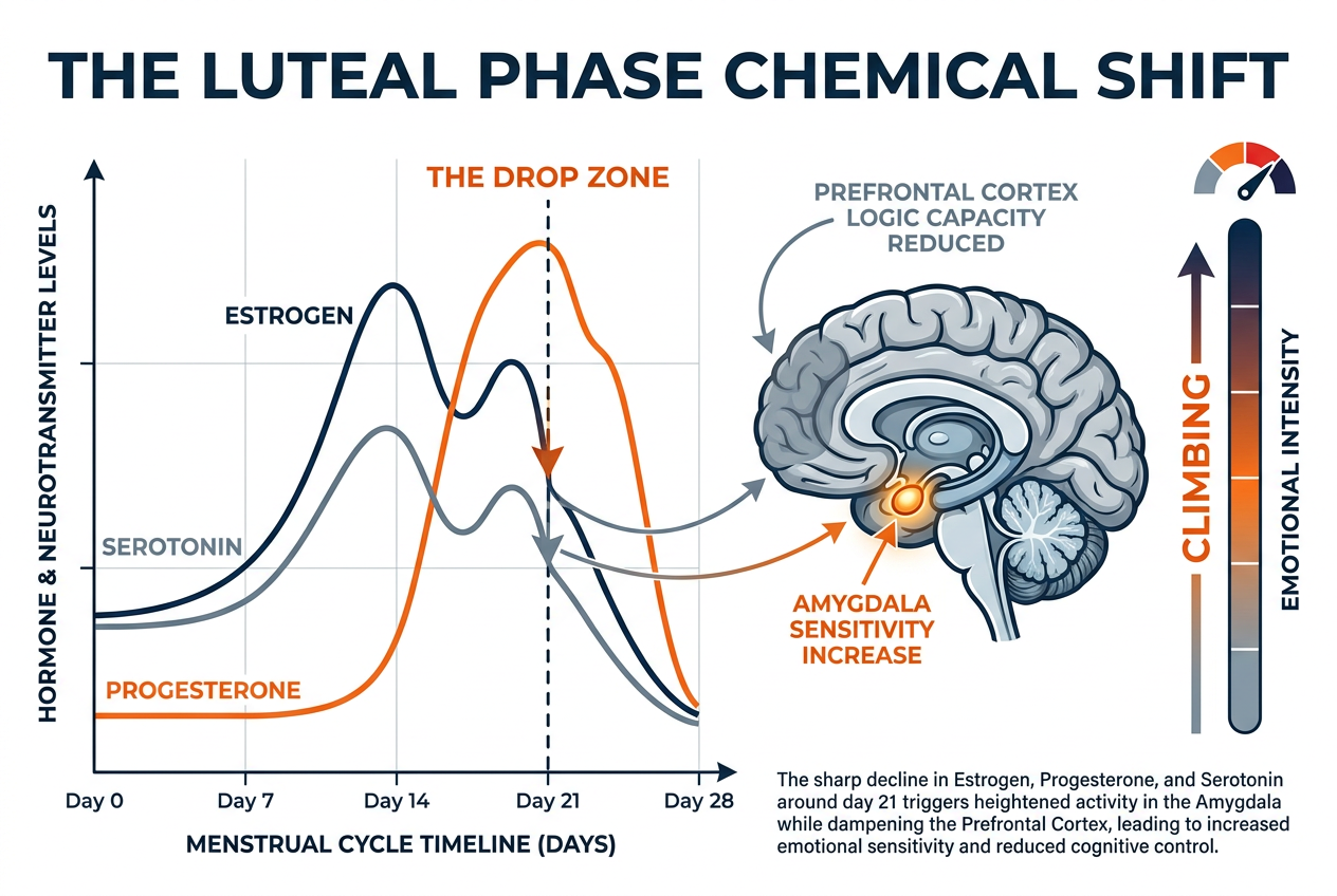 Infographic showing the drop in estrogen, progesterone, and serotonin during the luteal phase and its impact on the brain’s emotional center.