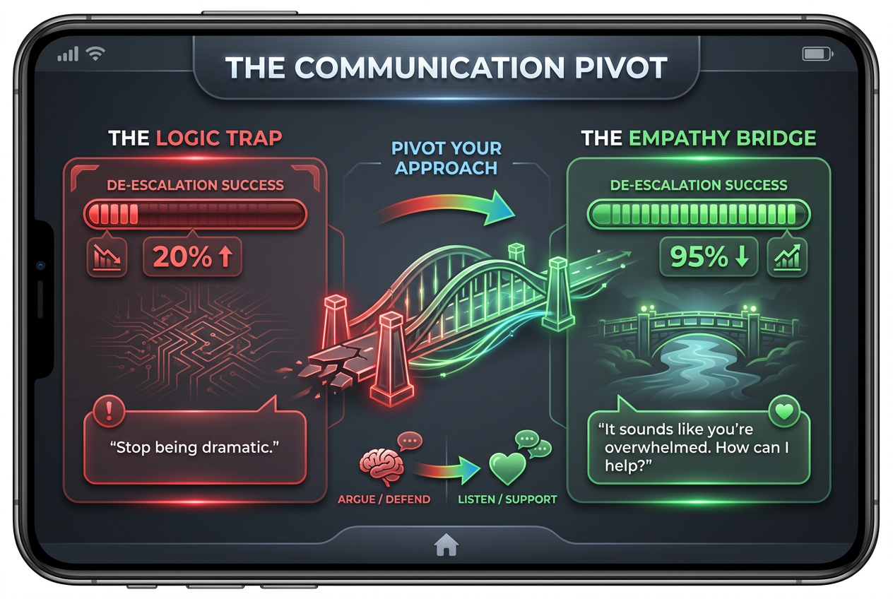 A comparison graphic showing how logic-based responses fail versus how empathy-based scripts succeed during PMS-related arguments.